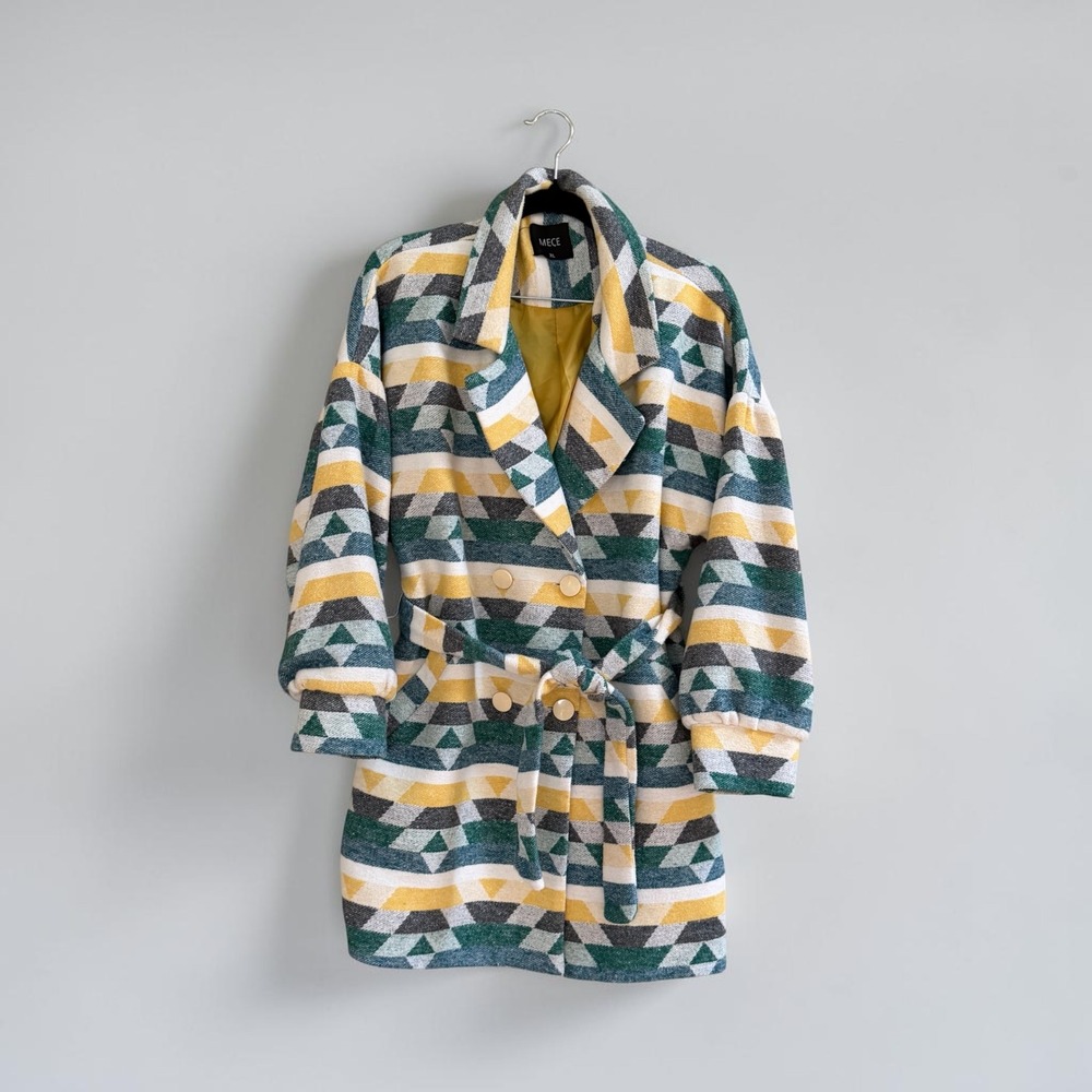 MEÇE XL Aztec Geometric Jacquard Southwestern Belted Coat Fully Lined